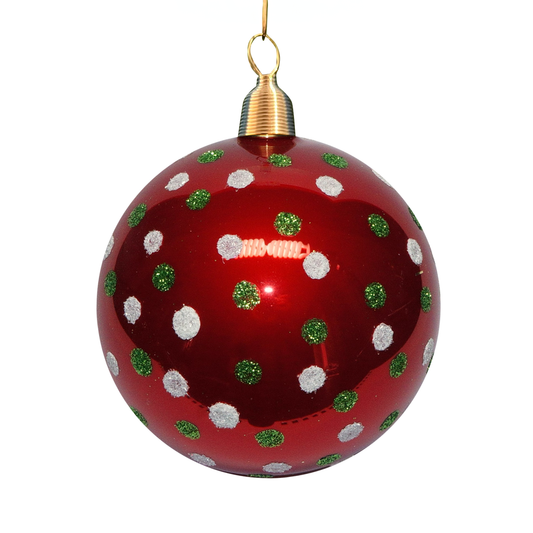 Christbaumkugel "glänzend rot, weiß grüne Punkte"
